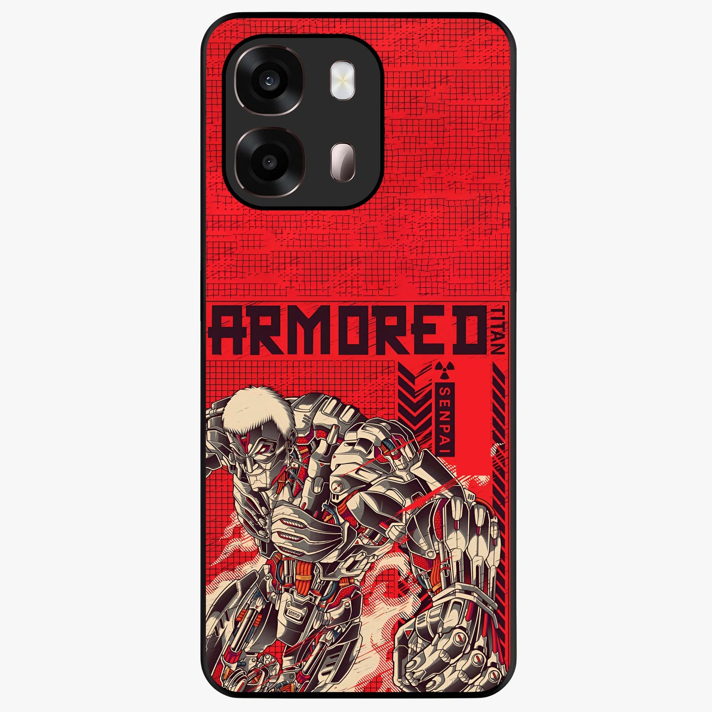 Crimson Mecha Titan Glass Case showing flat back view with powerful mech titan artwork and glossy glass finish.