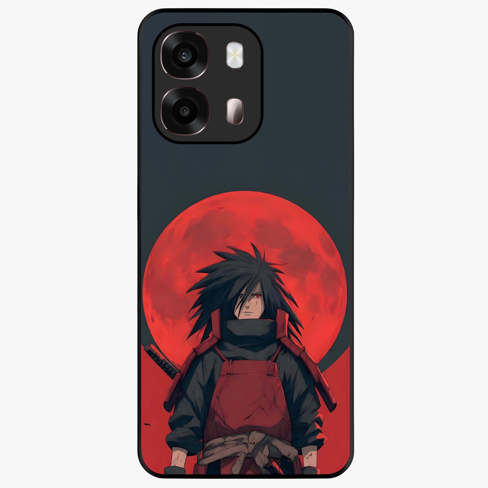 Crimson Moon Warlord Glass Case showing flat back view with mystical moon warrior artwork and glossy glass finish.