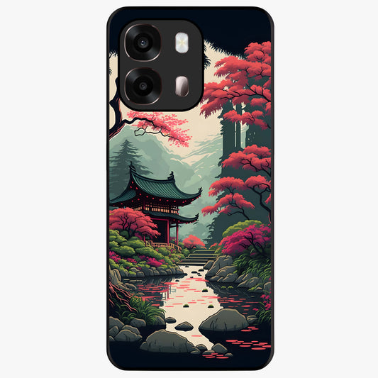 Crimson Temple View Glass Case showing flat back view with temple inspired artwork and glossy glass finish.
