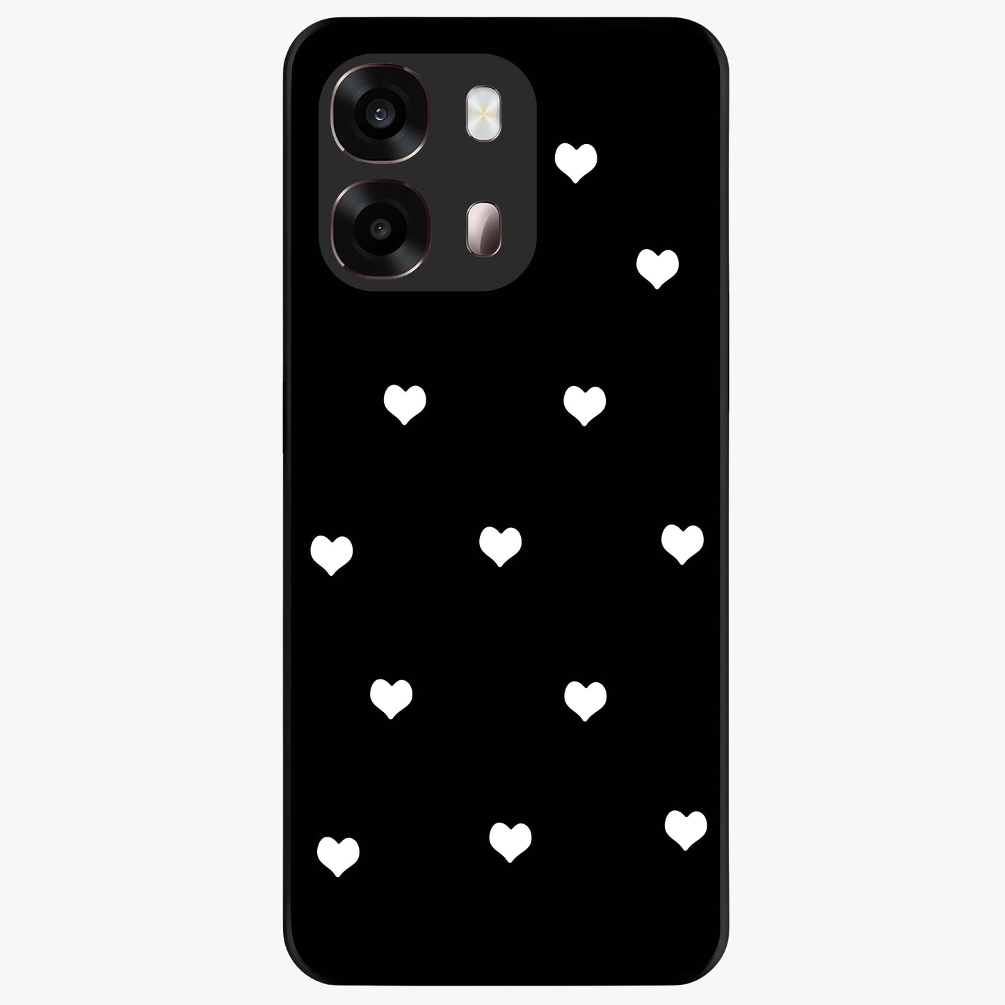 Cute And Simple White Hearts Glass Case showing flat back view with minimal white heart pattern and glossy glass finish.