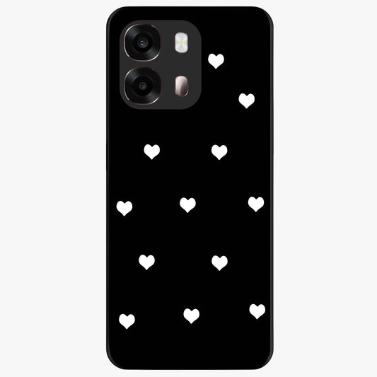 Cute And Simple White Hearts Glass Case showing flat back view with minimal white heart pattern and glossy glass finish.