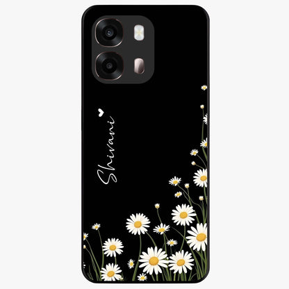 Daisy Cascade Custom Name Glass Case showing flat back view with cascading daisy flowers and personalized name design.