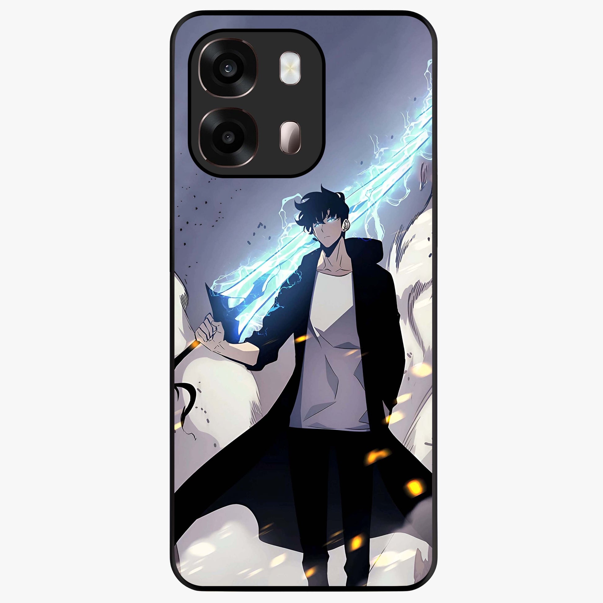 Dark Lightning Anime Warrior Glass Case showing flat back view with intense anime warrior artwork and glossy glass finish.
