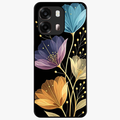Delicate Multicolor Flowers Glass Case showing flat back view with vibrant floral artwork and glossy glass finish.