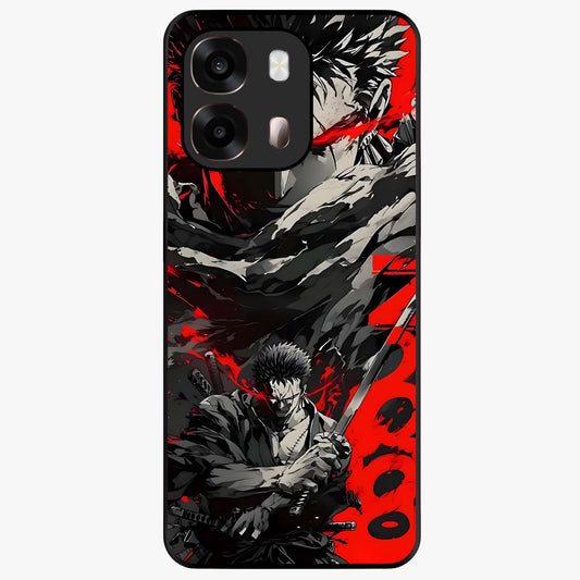 Demon Sword Resolve Glass Case showing flat back view with fierce sword warrior artwork and glossy glass finish.