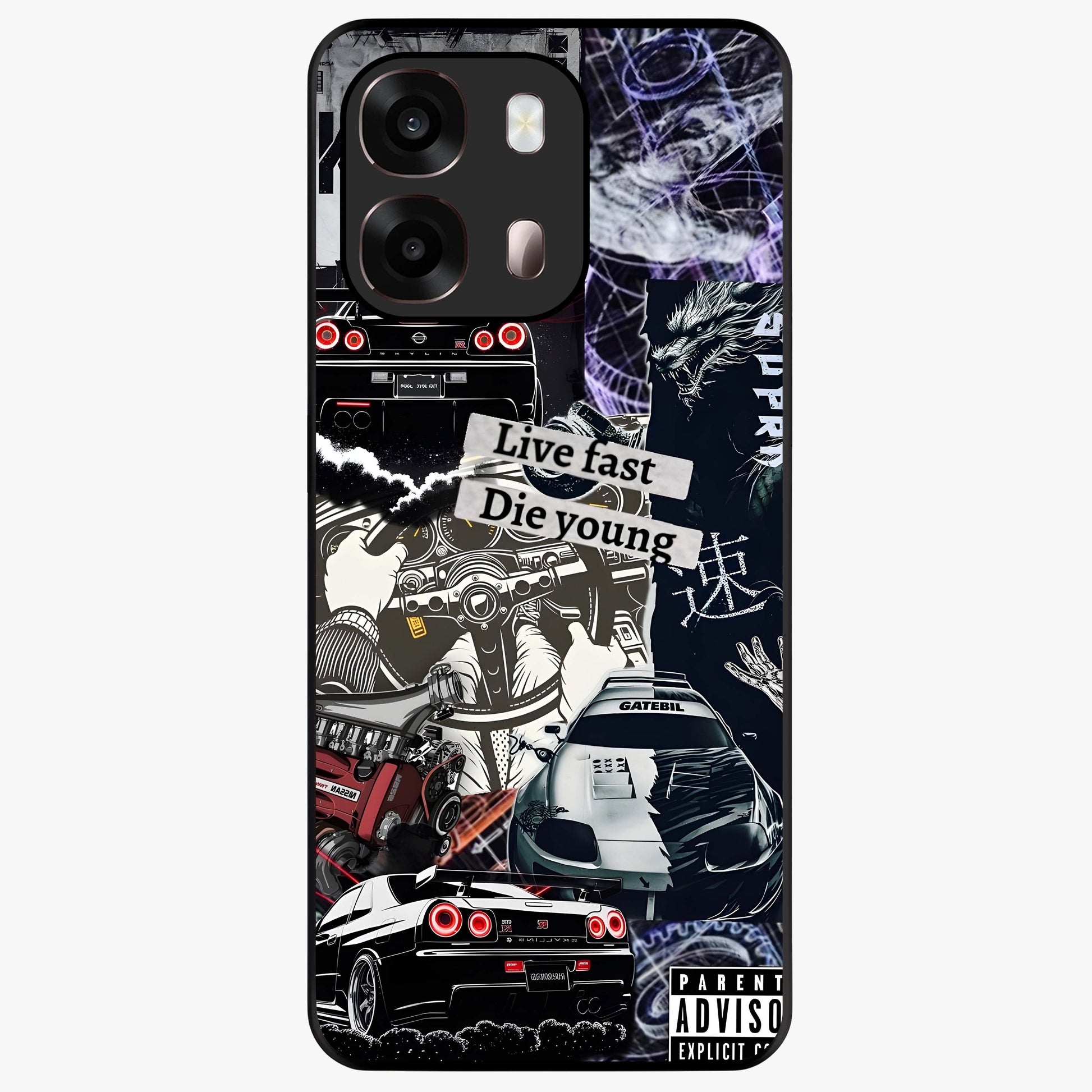 Die Young Glass Case showing flat back view with bold artistic typography design and glossy glass finish.