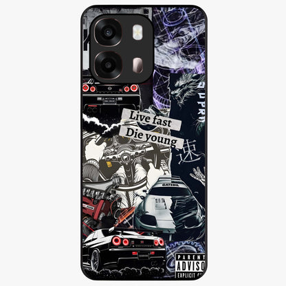 Die Young Glass Case showing flat back view with bold artistic typography design and glossy glass finish.