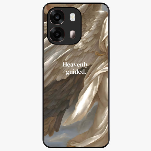 Divine Winged Grace Glass Case showing flat back view with elegant wing inspired artwork and glossy glass finish.