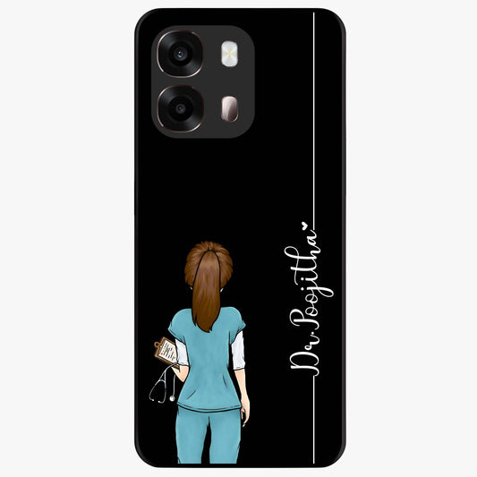Doctor Pattern Custom Name Glass Case showing flat back view with medical themed pattern and personalized name design.