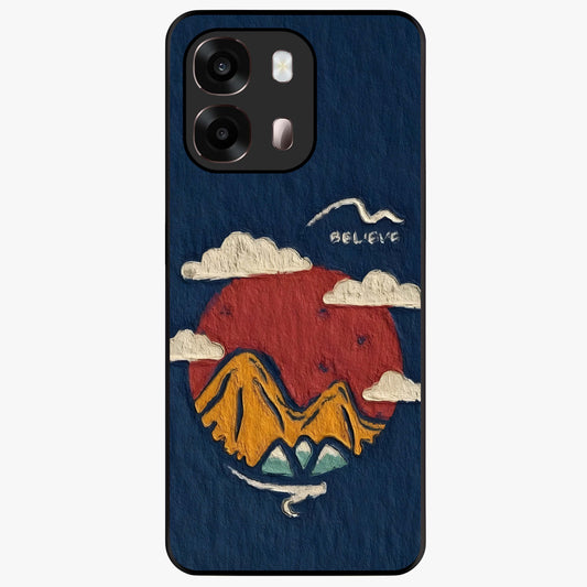 Dream Beyond Mountains Glass Case showing flat back view with scenic mountain landscape artwork and glossy glass finish.