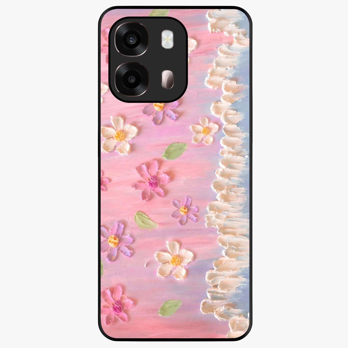 Dreamy Painted Garden Glass Case showing flat back view with artistic painted floral garden artwork and glossy glass finish.