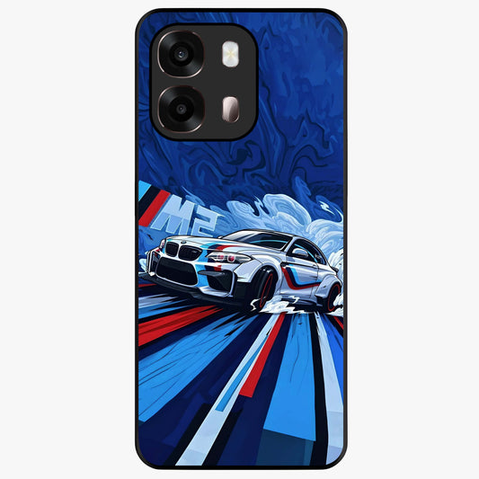Drift Power Rush Glass Case showing flat back view with dynamic racing inspired artwork and glossy glass finish.