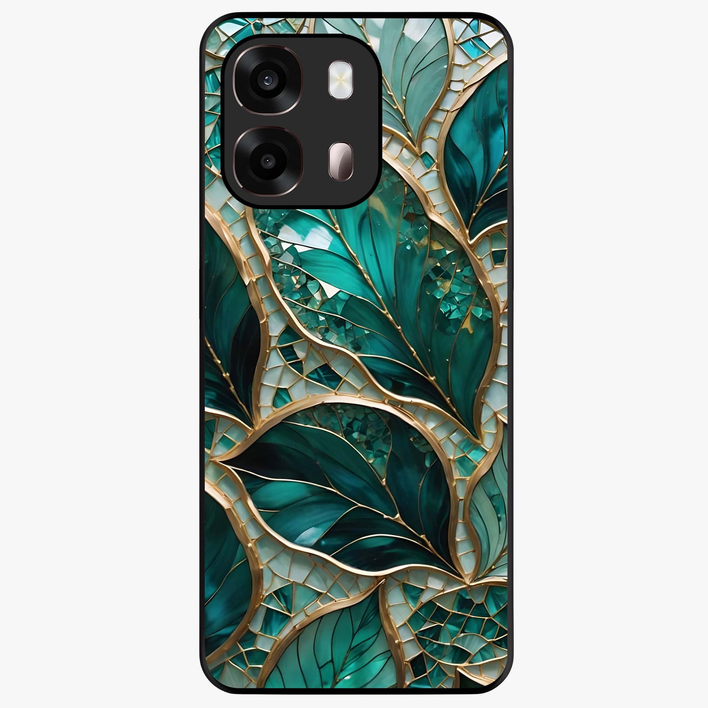 Emerald Leaf Glass Glass Case showing flat back view with emerald green leaf artwork and glossy glass finish.