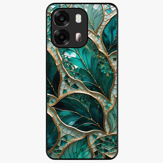 Emerald Leaf Glass Glass Case showing flat back view with emerald green leaf artwork and glossy glass finish.