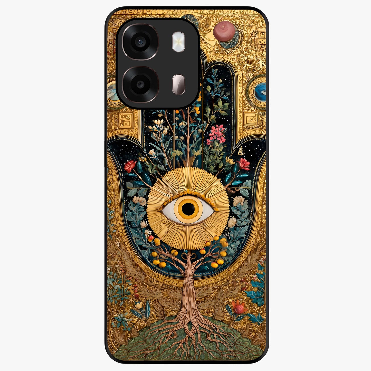 Ethereal Evil Eye Glass Case showing flat back view with mystical evil eye artwork and glossy glass finish.