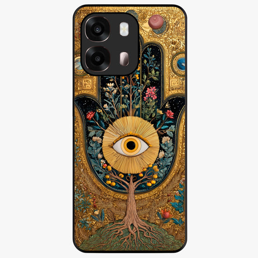 Ethereal Evil Eye Glass Case showing flat back view with mystical evil eye artwork and glossy glass finish.