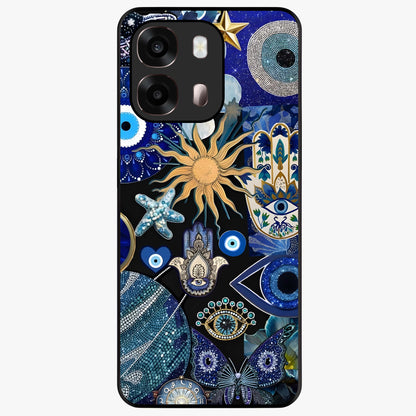 Evil Eye Charm Mix Glass Case showing flat back view with multiple evil eye charms artwork and glossy glass finish.