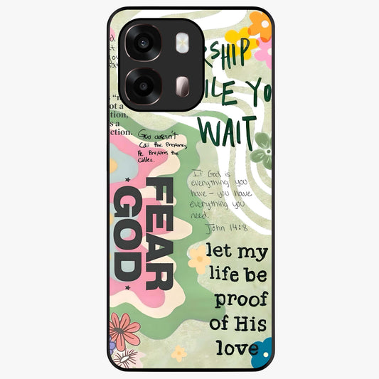 Faith Over Fear Glass Case showing flat back view with motivational typography artwork and glossy glass finish.
