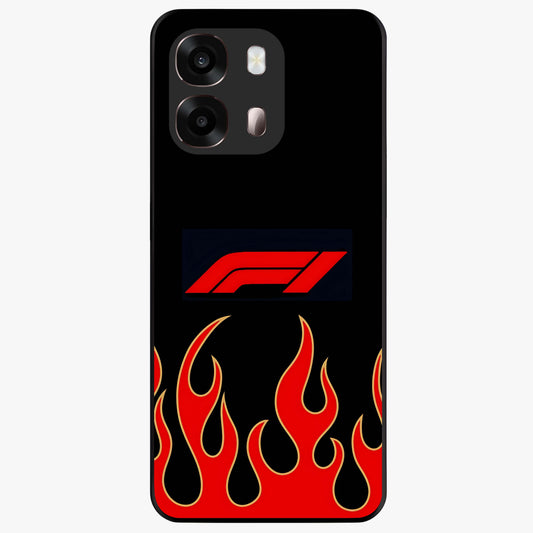 Fire F11 Glass Case showing flat back view with fiery themed artwork and glossy glass finish.