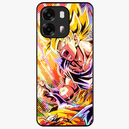 Firing Goku Glass Case showing flat back view with powerful anime inspired artwork and glossy glass finish.