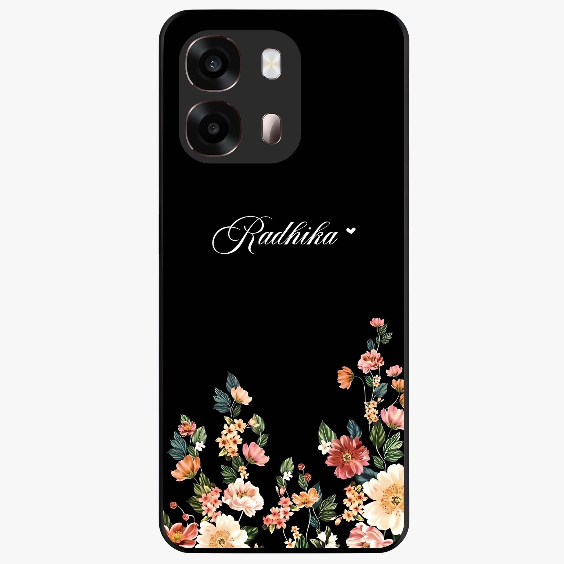 Floral Design With a Custom Personalized Name Glass Case showing flat back view with floral artwork and personalized name design.