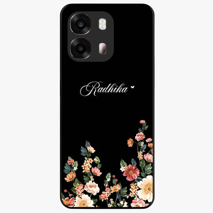 Floral Design With a Custom Personalized Name Glass Case showing flat back view with floral artwork and personalized name design.