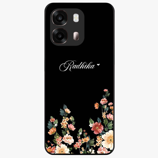 Floral Design With a Custom Personalized Name Glass Case showing flat back view with floral artwork and personalized name design.