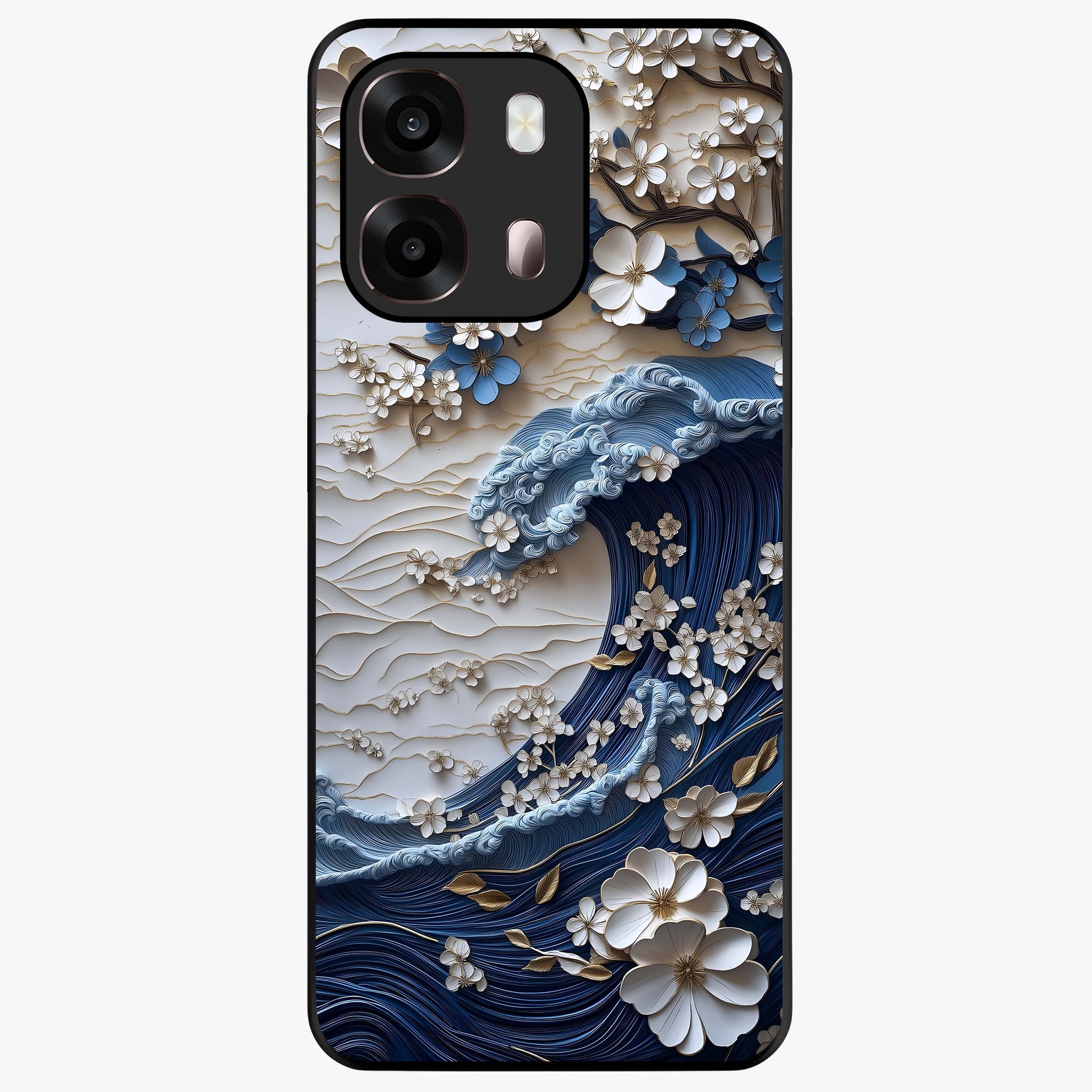 Floral Wave Origami Glass Case showing flat back view with origami inspired floral wave artwork and glossy glass finish.