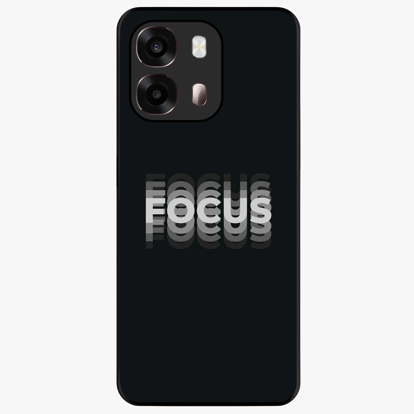 Focus Mode On Glass Case showing flat back view with bold motivational typography design and glossy glass finish.