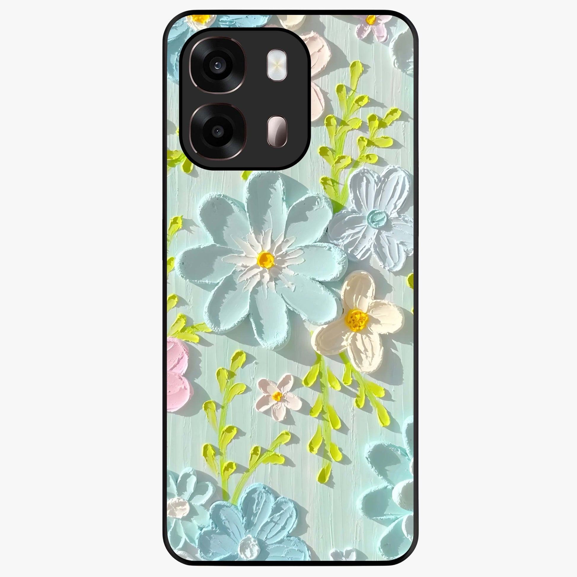 Frosted Petal Garden Glass Case showing flat back view with soft frosted floral artwork and glossy glass finish.