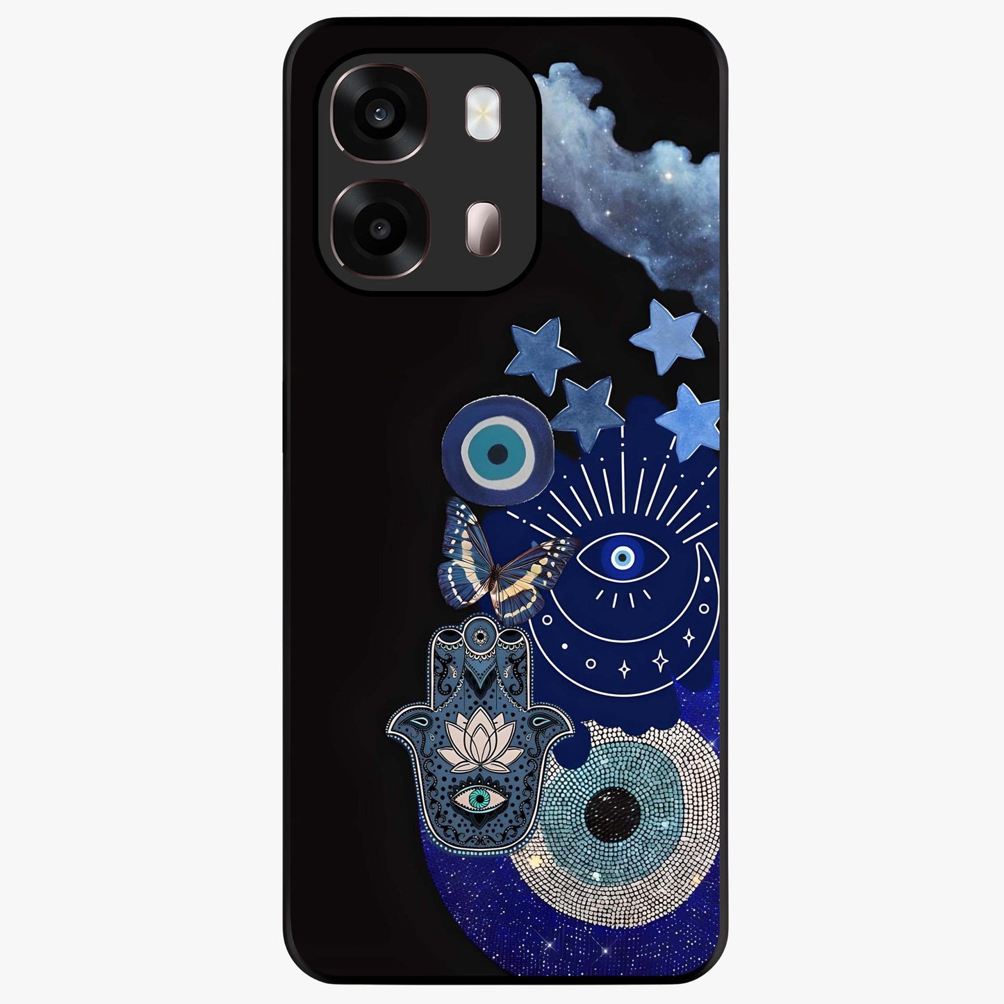 Galactic Charm Cluster Glass Case showing flat back view with glowing celestial charm artwork and glossy glass finish.