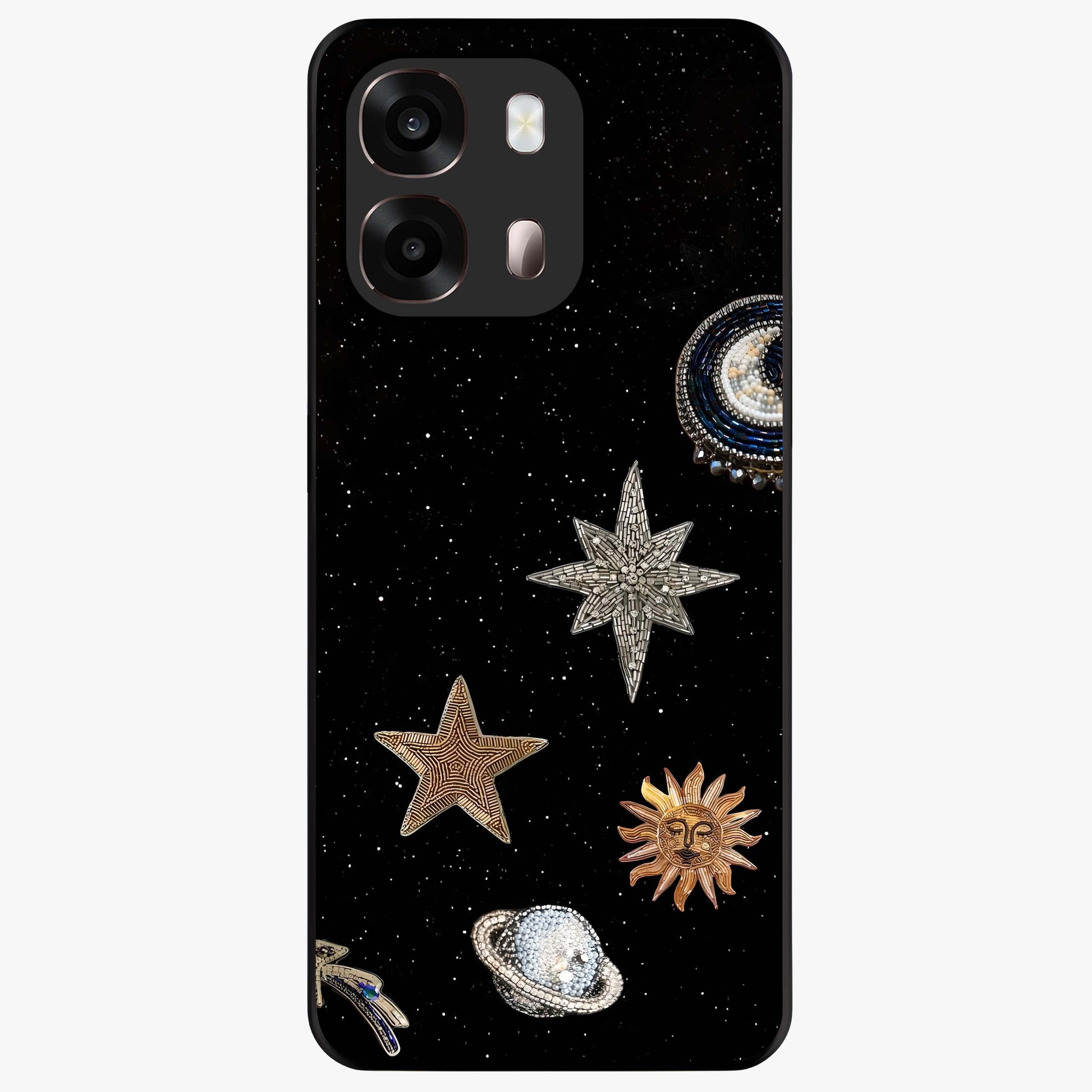 Galactic Charm Glow Glass Case showing flat back view with glowing celestial charm artwork and glossy glass finish.