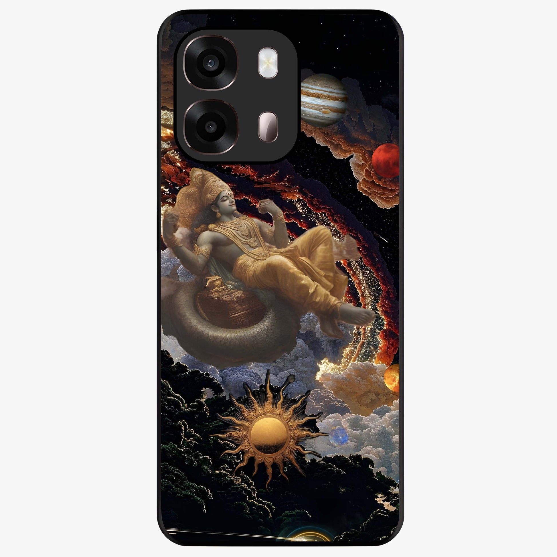 Galactic Divine God Glass Case showing flat back view with divine cosmic themed artwork and glossy glass finish.