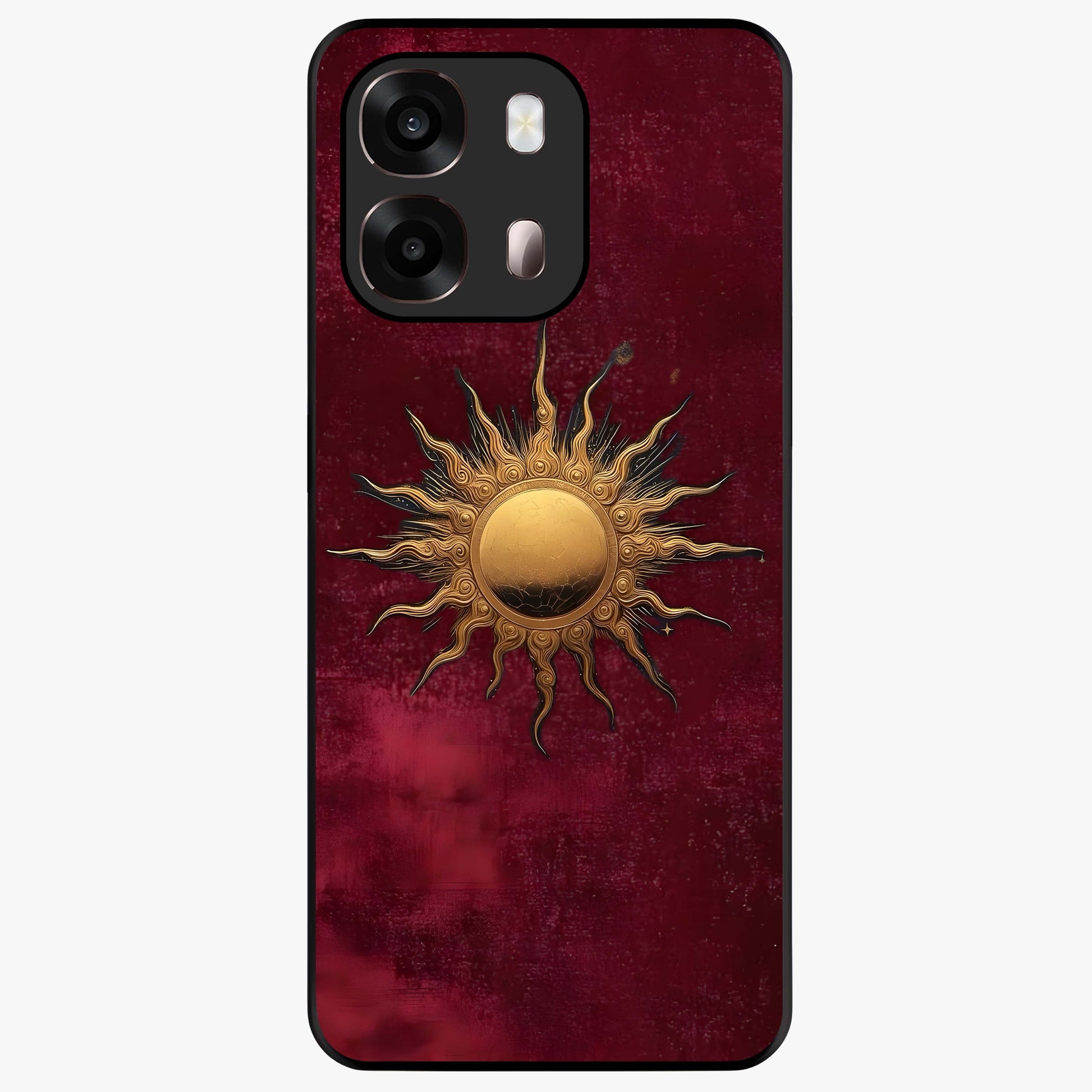 Gold Sun Blush Glass Case showing flat back view with golden sun inspired artwork and glossy glass finish.