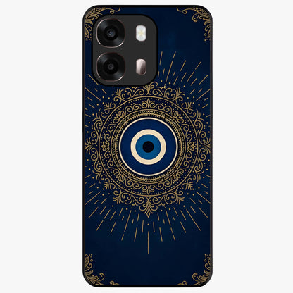 Golden Evil Eye Mandala Glass Case showing flat back view with intricate evil eye mandala artwork and glossy glass finish.