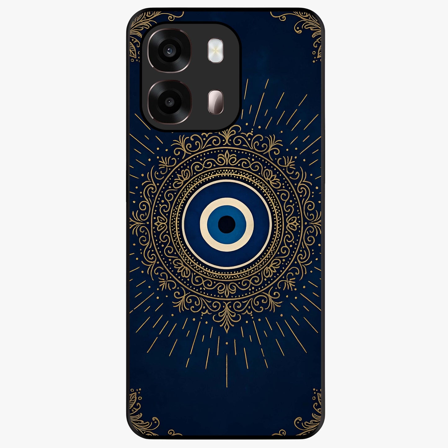 Golden Evil Eye Mandala Glass Case showing flat back view with intricate evil eye mandala artwork and glossy glass finish.