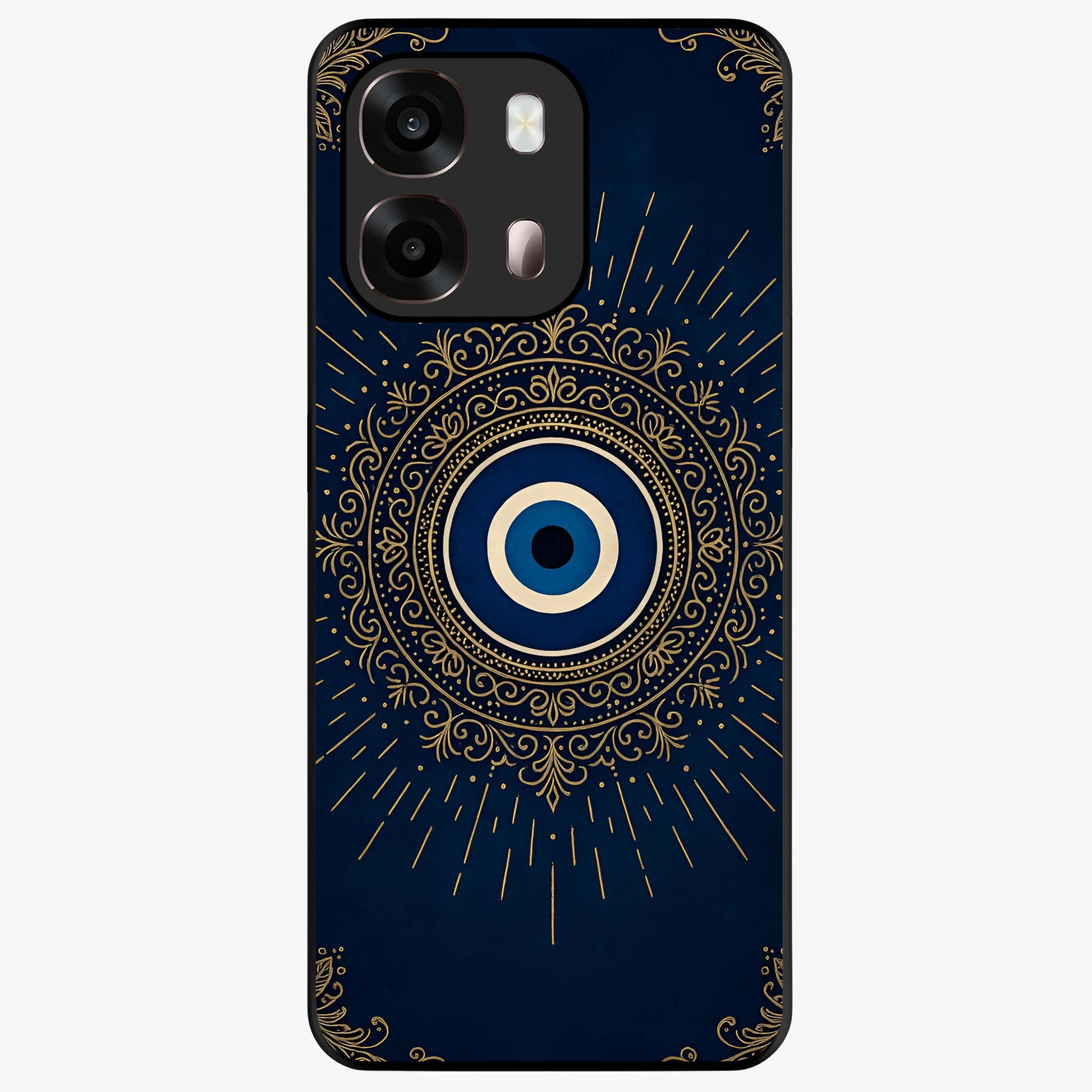 Golden Evil Eye Mandala Glass Case showing flat back view with intricate evil eye mandala artwork and glossy glass finish.