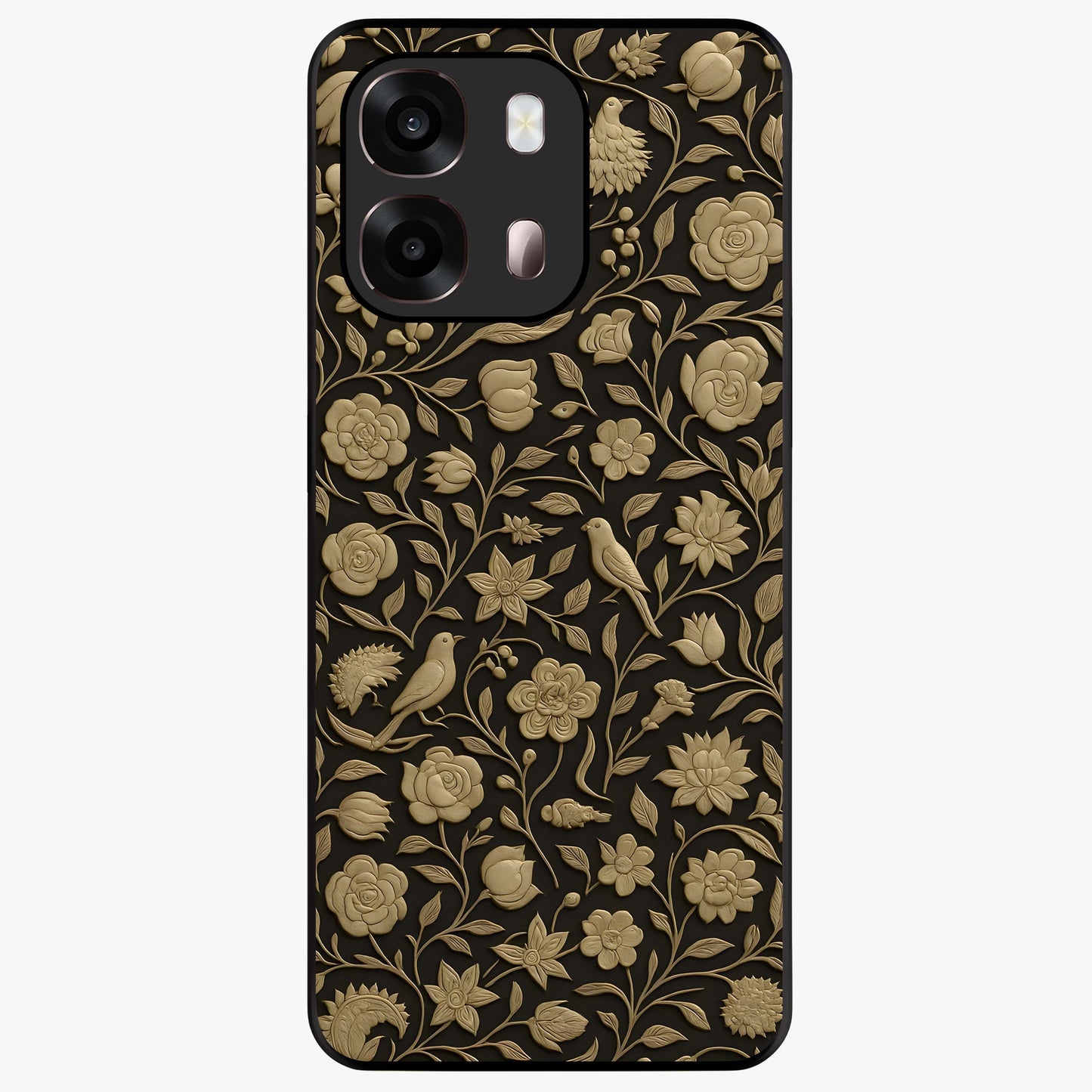Golden Floral Majesty Glass Case showing flat back view with luxurious golden floral artwork and glossy glass finish.