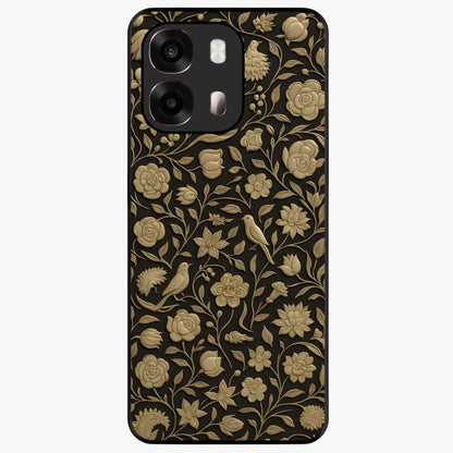Golden Floral Majesty Glass Case showing flat back view with luxurious golden floral artwork and glossy glass finish.