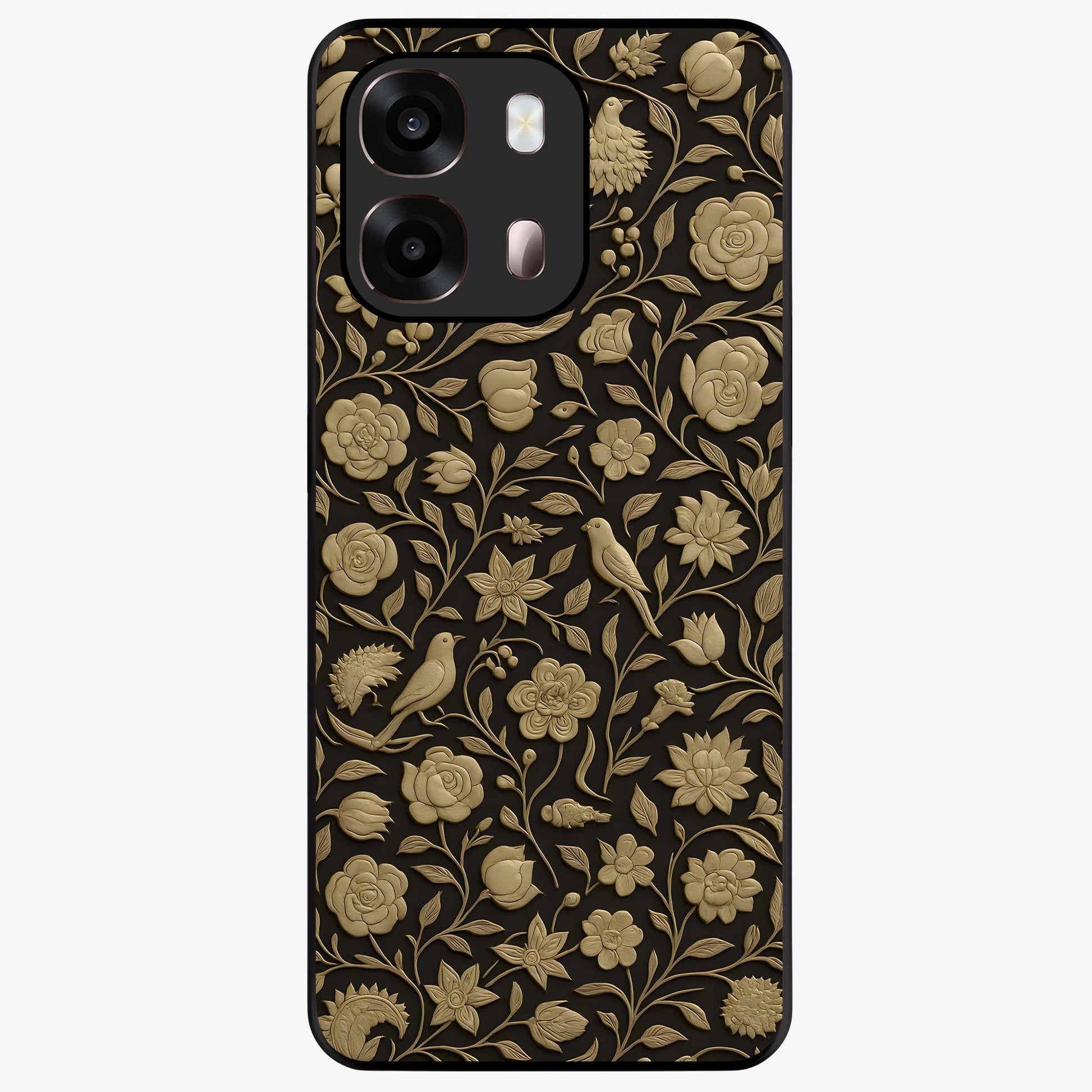 Golden Floral Majesty Glass Case showing flat back view with luxurious golden floral artwork and glossy glass finish.