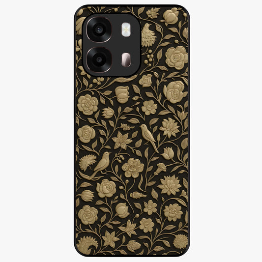 Golden Floral Majesty Glass Case showing flat back view with luxurious golden floral artwork and glossy glass finish.