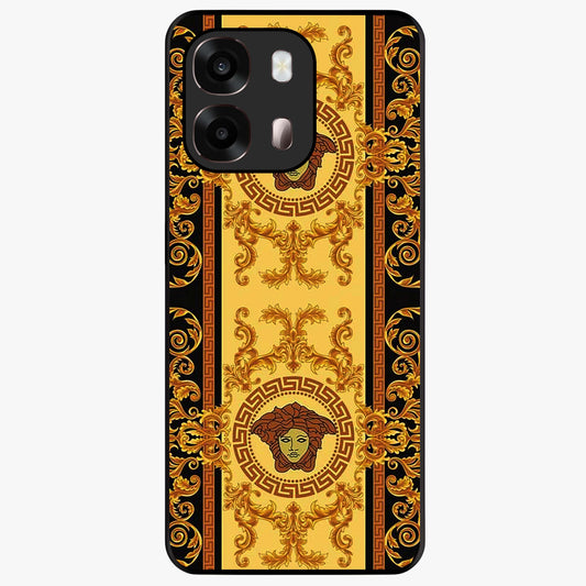 Golden Royal Heritage Glass Case showing flat back view with ornate royal pattern artwork and glossy glass finish.