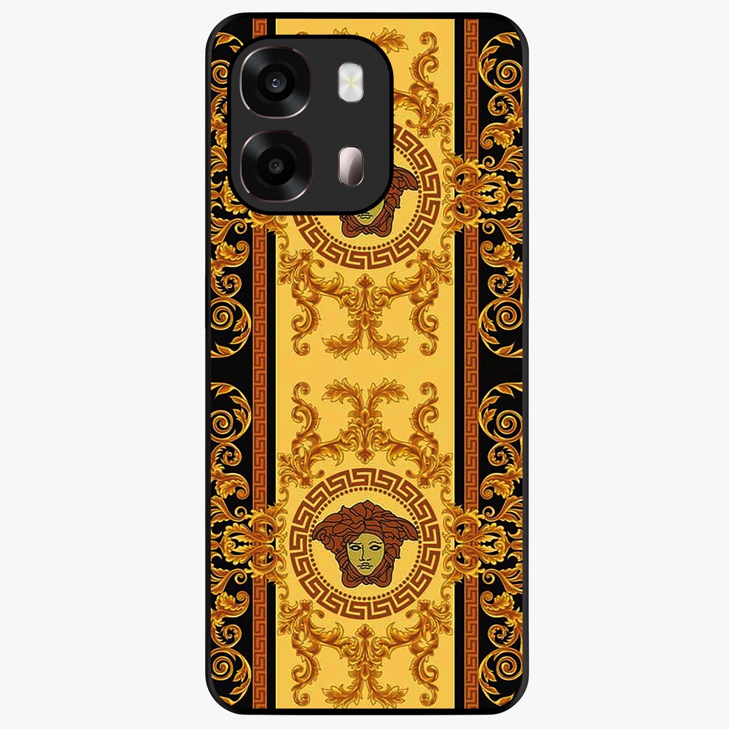 Golden Royal Heritage Glass Case showing flat back view with ornate royal pattern artwork and glossy glass finish.