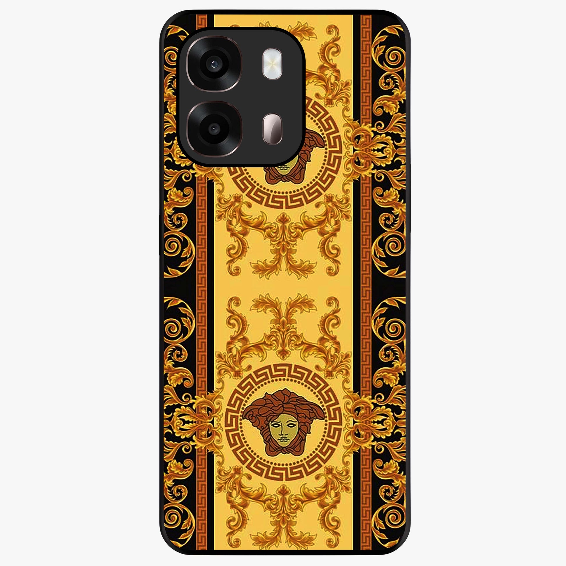 Golden Royal Heritage Glass Case showing flat back view with ornate royal pattern artwork and glossy glass finish.
