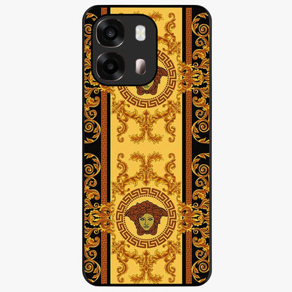 Golden Royal Heritage Glass Case showing flat back view with ornate royal pattern artwork and glossy glass finish.