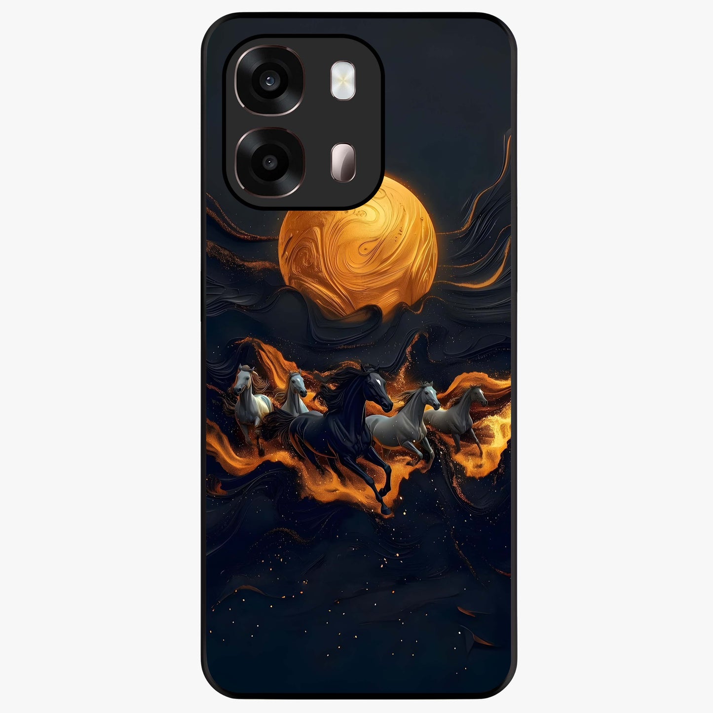 Golden Stallion Moonride Glass Case showing flat back view with majestic horse under moonlight artwork and glossy glass finish.