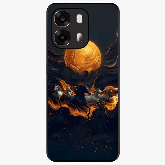 Golden Stallion Moonride Glass Case showing flat back view with majestic horse under moonlight artwork and glossy glass finish.