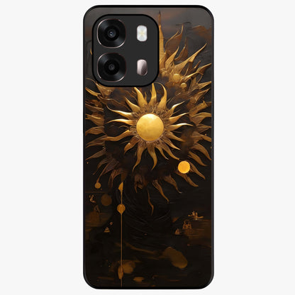 Golden Sun Majesty Glass Case showing flat back view with radiant golden sun artwork and glossy glass finish.