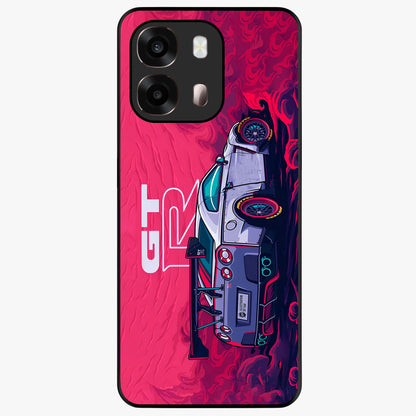 GT-R Car Pattern Glass Case showing flat back view with sporty car inspired pattern artwork and glossy glass finish.