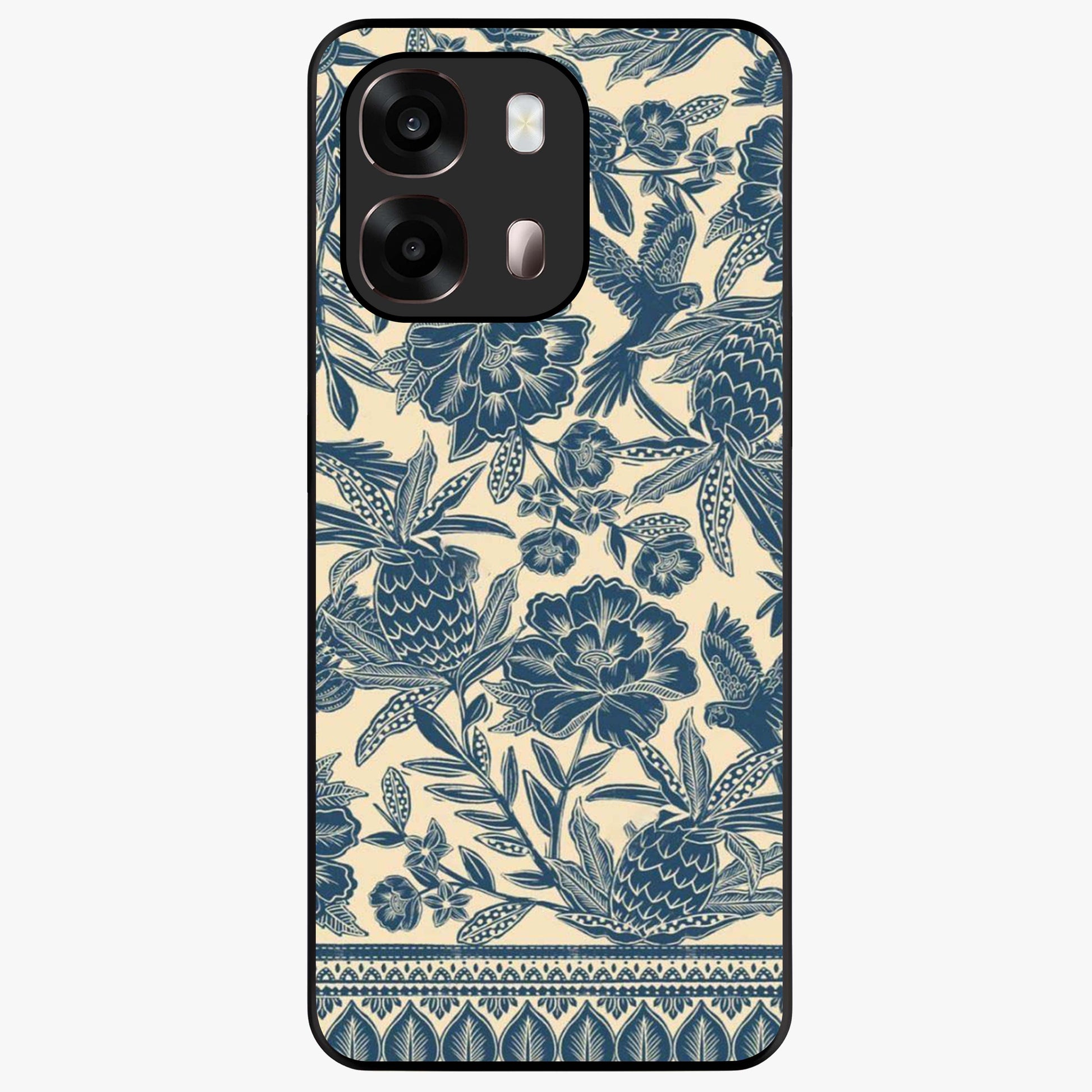Heirloom Wild Bloom Glass Case showing flat back view with vintage inspired wild flower artwork and glossy glass finish.